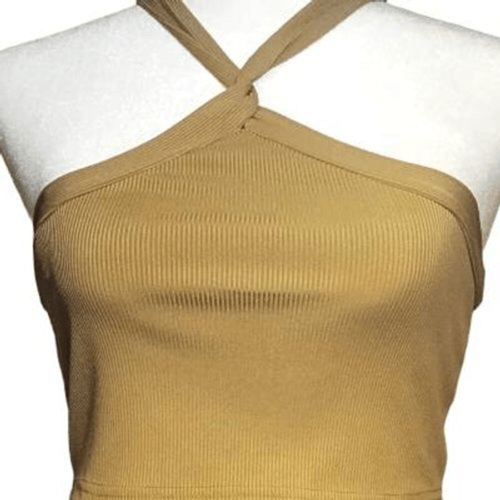 Shein Tan Cropped Halter Top Sz S Ribbed Twist Top Caramel - Picture 2 of 5